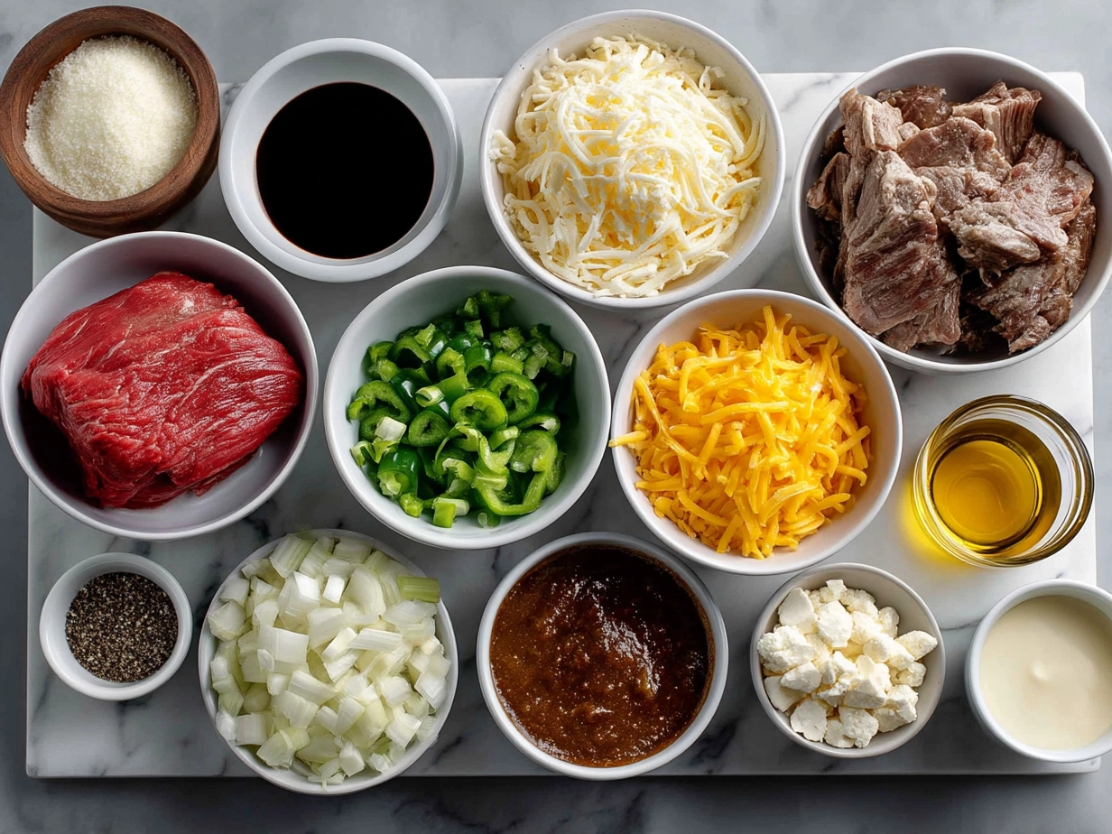 Ingredients for Loaded Philly Cheesesteak Sliders showing ribeye steak, slider buns, onions, provolone cheese, and seasonings