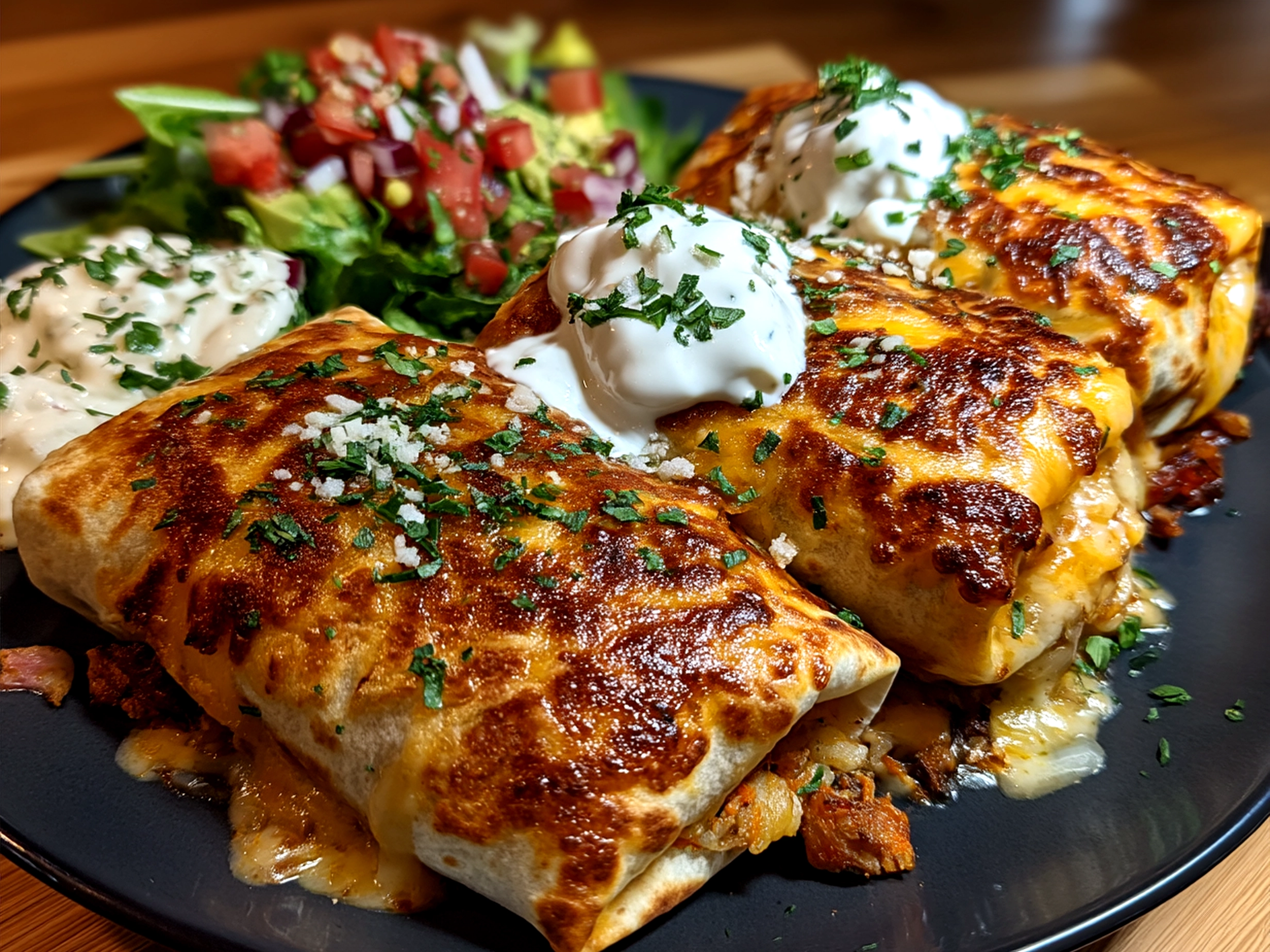 Loaded Sweet Potato Burritos served on a plate with garnishes