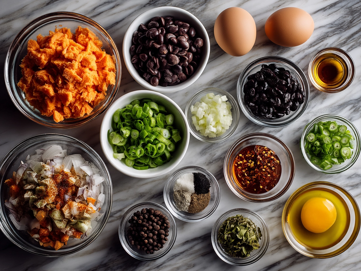 Ingredients for Loaded Sweet Potato Burritos arranged in bowls and on a counter