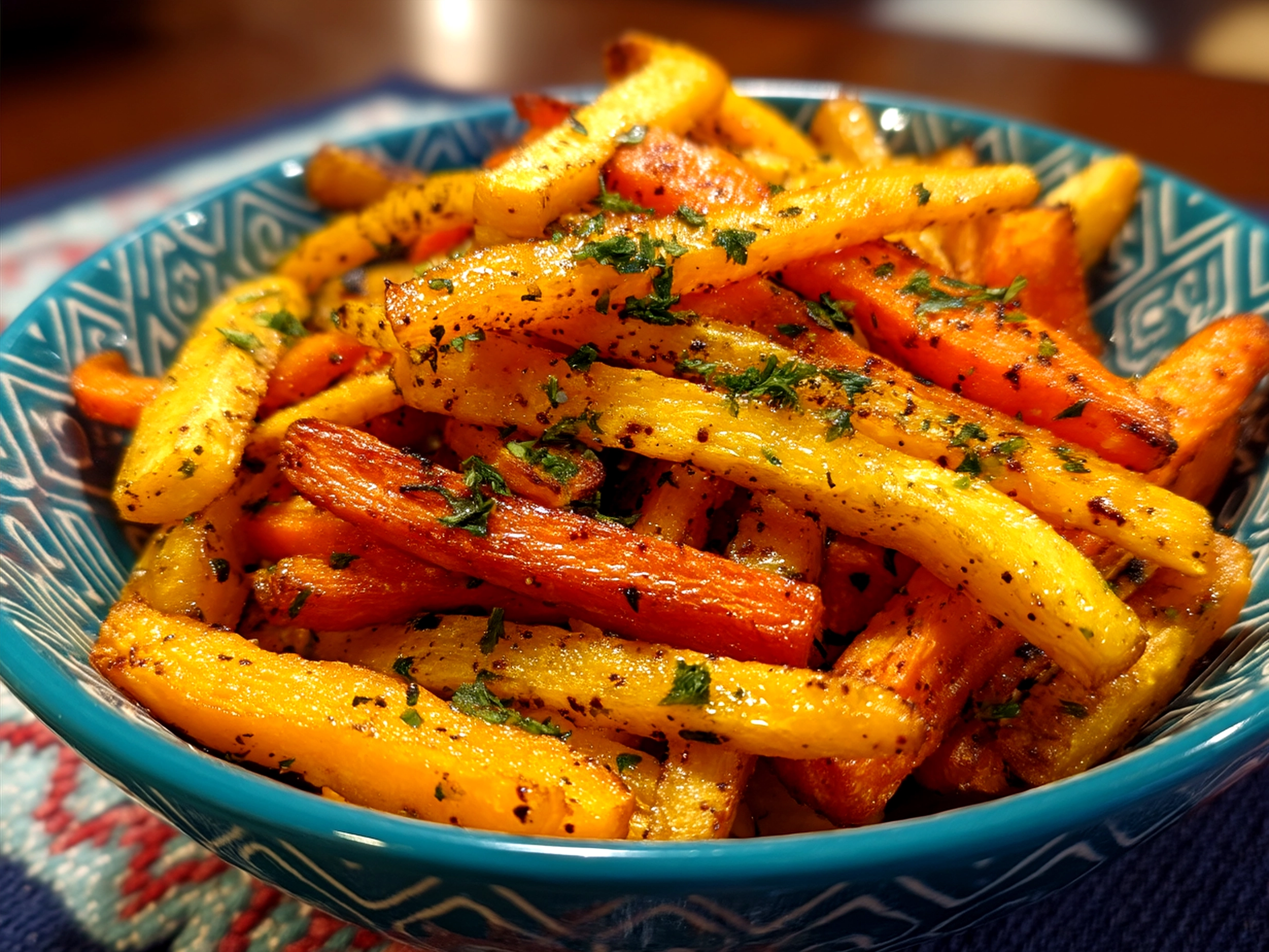 Serving of Maple Carrot Fries presented on a warm platter with fresh herbs