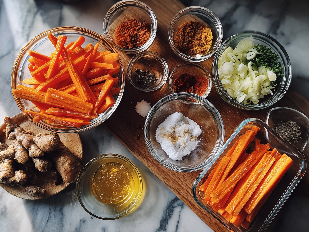 Ingredients for Maple Carrot Fries laid out including carrots, maple syrup, and spices