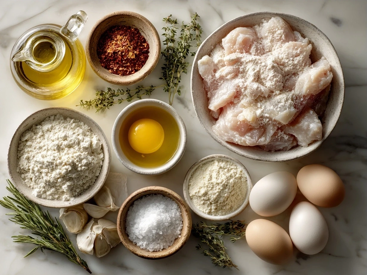 Ingredients for Melt-In-Your-Mouth Chicken laid out including chicken thighs, yogurt, garlic, lemon juice, cumin, salt, olive oil, and fresh herbs