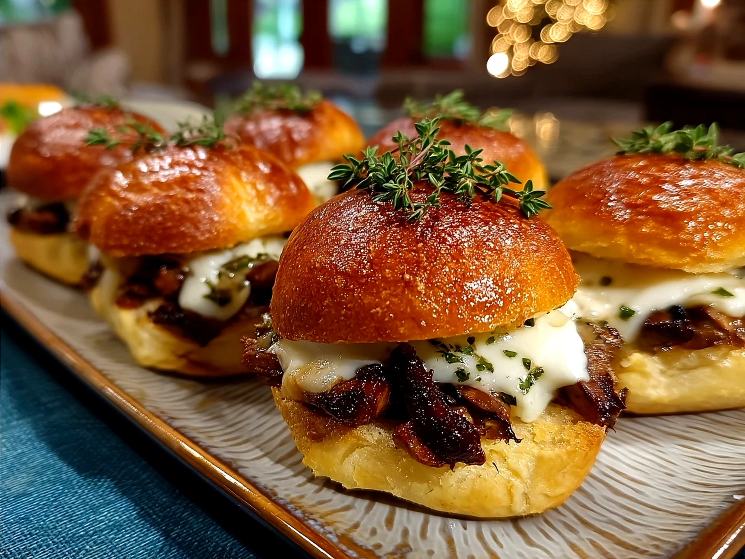 Serving Mini Mushroom Swiss Sliders on a rustic wooden board, warm and inviting with melted cheese