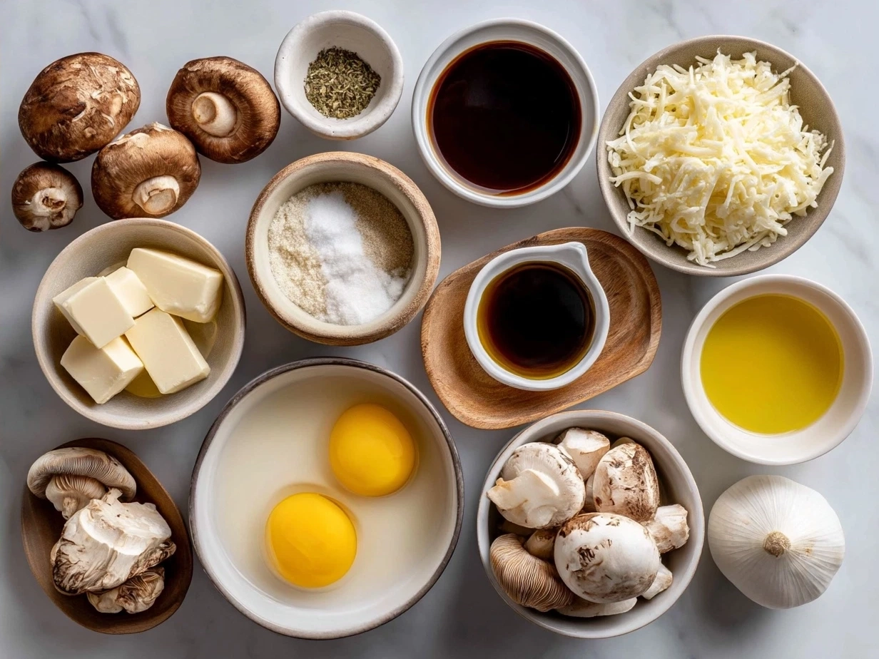 Ingredients for Mini Mushroom Swiss Sliders including slider buns, ground beef, mushrooms, Swiss cheese, onion, and seasonings