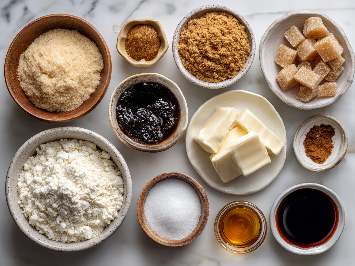 Ingredients laid out for Molasses Crinkle Cookies including molasses, spices, flour, sugar, and eggs