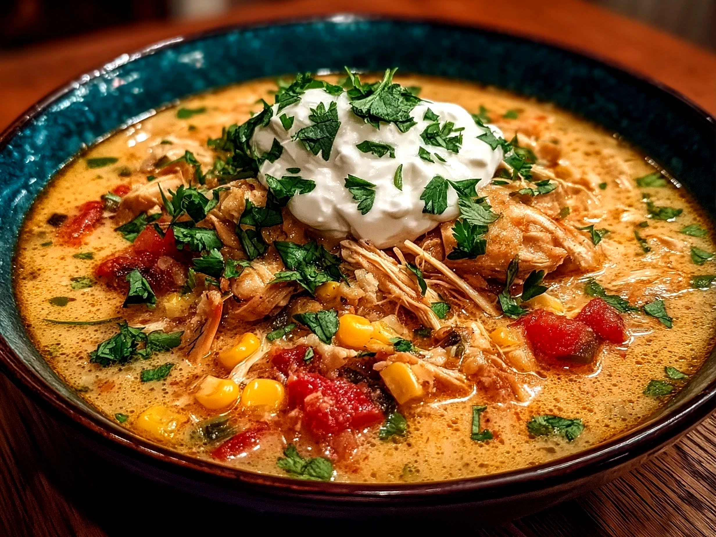 Serving One-Pot Creamy Chicken Taco Soup garnished with fresh cilantro and lime