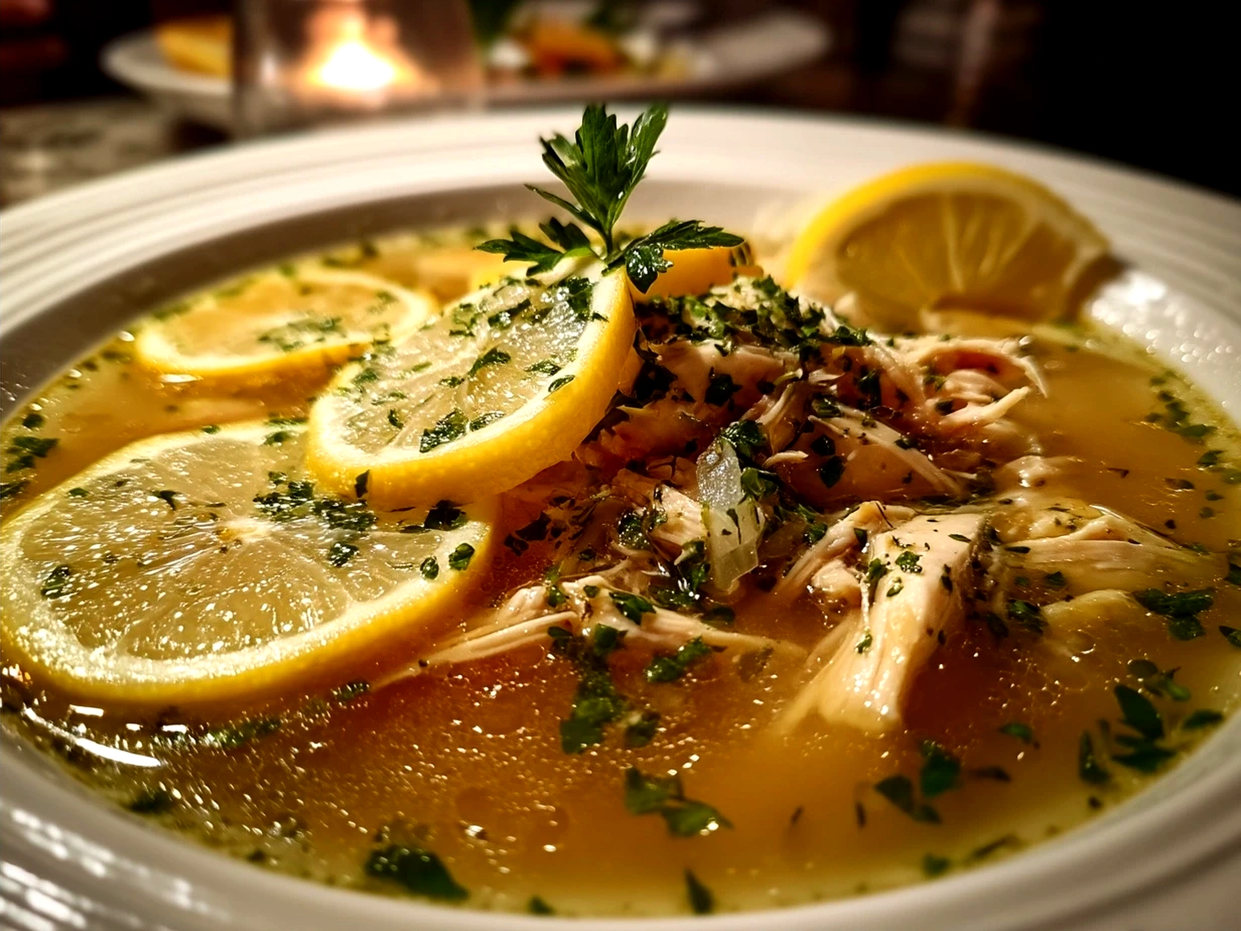 Serving bowl of one-pot lemon chicken soup garnished with fresh parsley and lemon slices