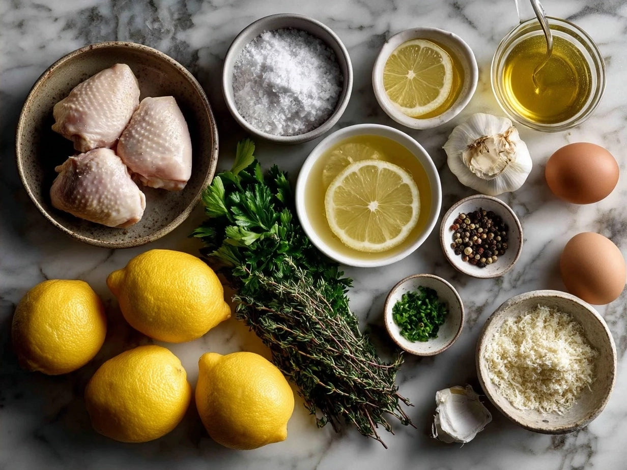 Ingredients for one-pot lemon chicken soup arranged on a kitchen surface including olive oil, onion, garlic, chicken thighs, broth, carrots, celery, orzo, lemons, oregano, salt, pepper, and parsley