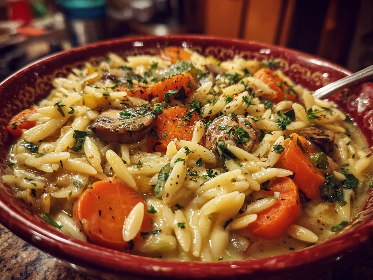 Finished creamy One-Pot Veggie Cream Orzo served in a bowl garnished with parsley