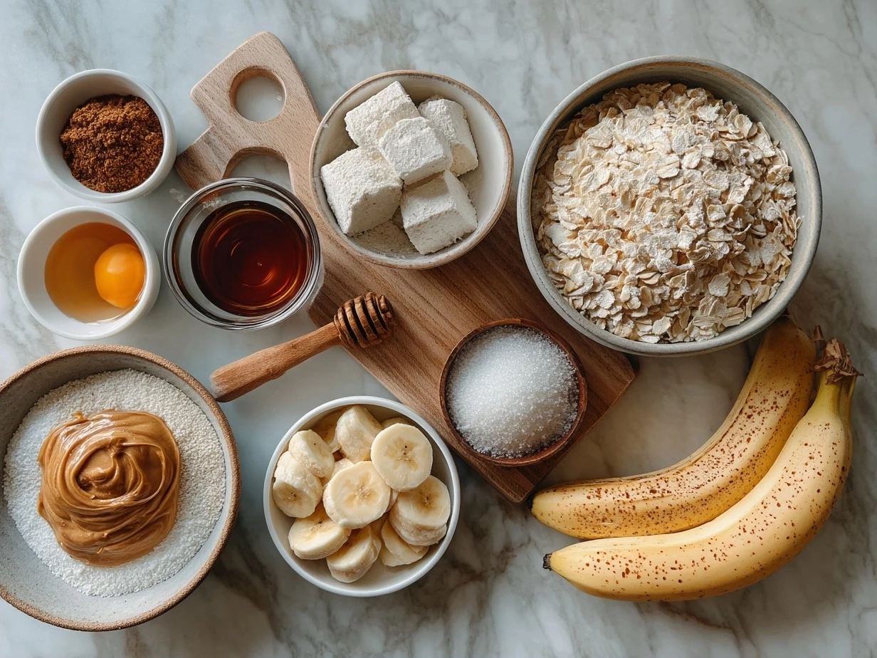 Ingredients for Peanut Butter Banana Oat Bars showing ripe bananas, peanut butter, oats, honey, vanilla, and cinnamon