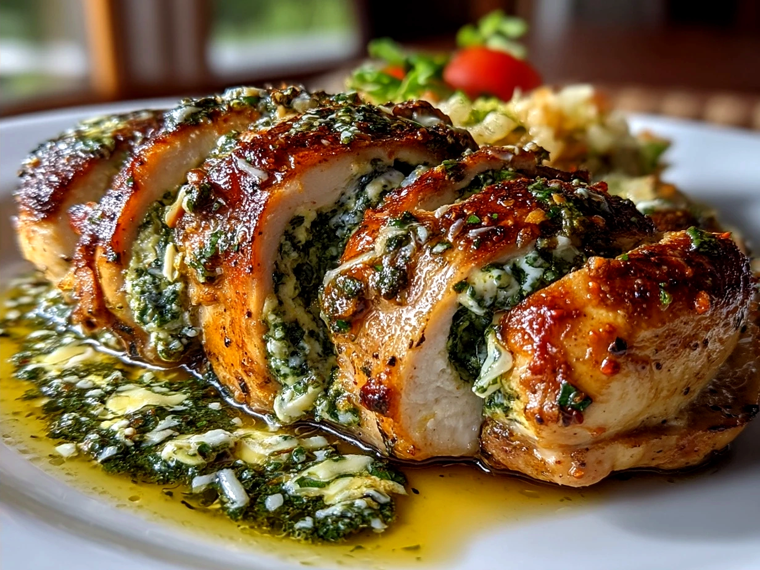 Freshly cooked Pesto Stuffed Chicken plated with roasted vegetables and salad