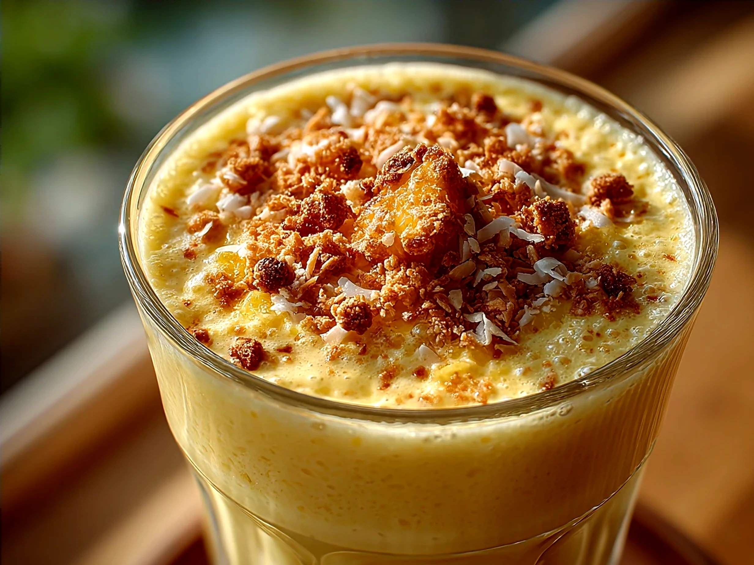 Served Pineapple Coconut Smoothie in a tall glass garnished with fresh pineapple and mint