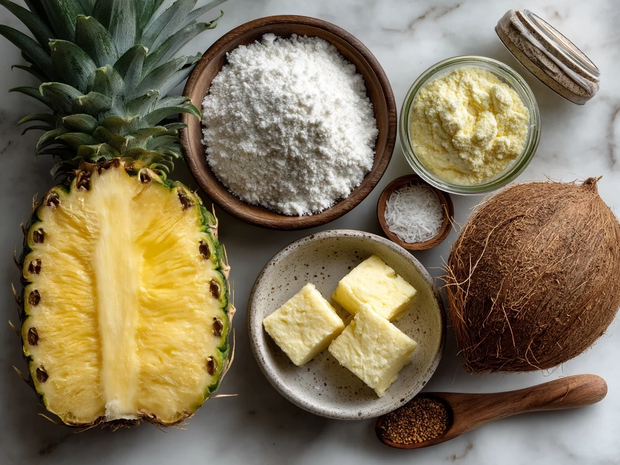 Fresh pineapple chunks, coconut milk, ginger, honey, lime, and ice cubes arranged for Pineapple Coconut Smoothie ingredients