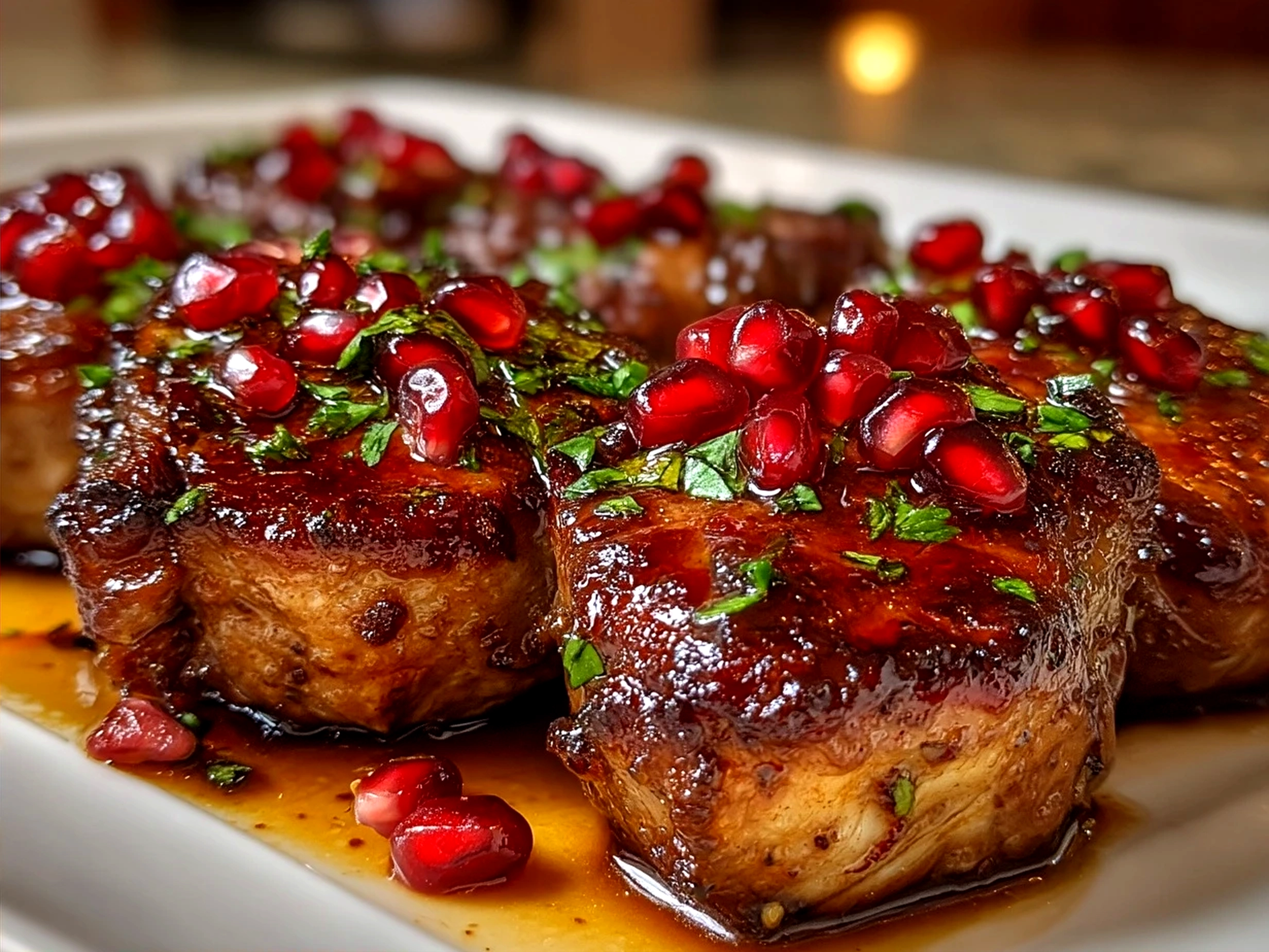 Served Pomegranate Glazed Lamb Chops plated with garnish and sides