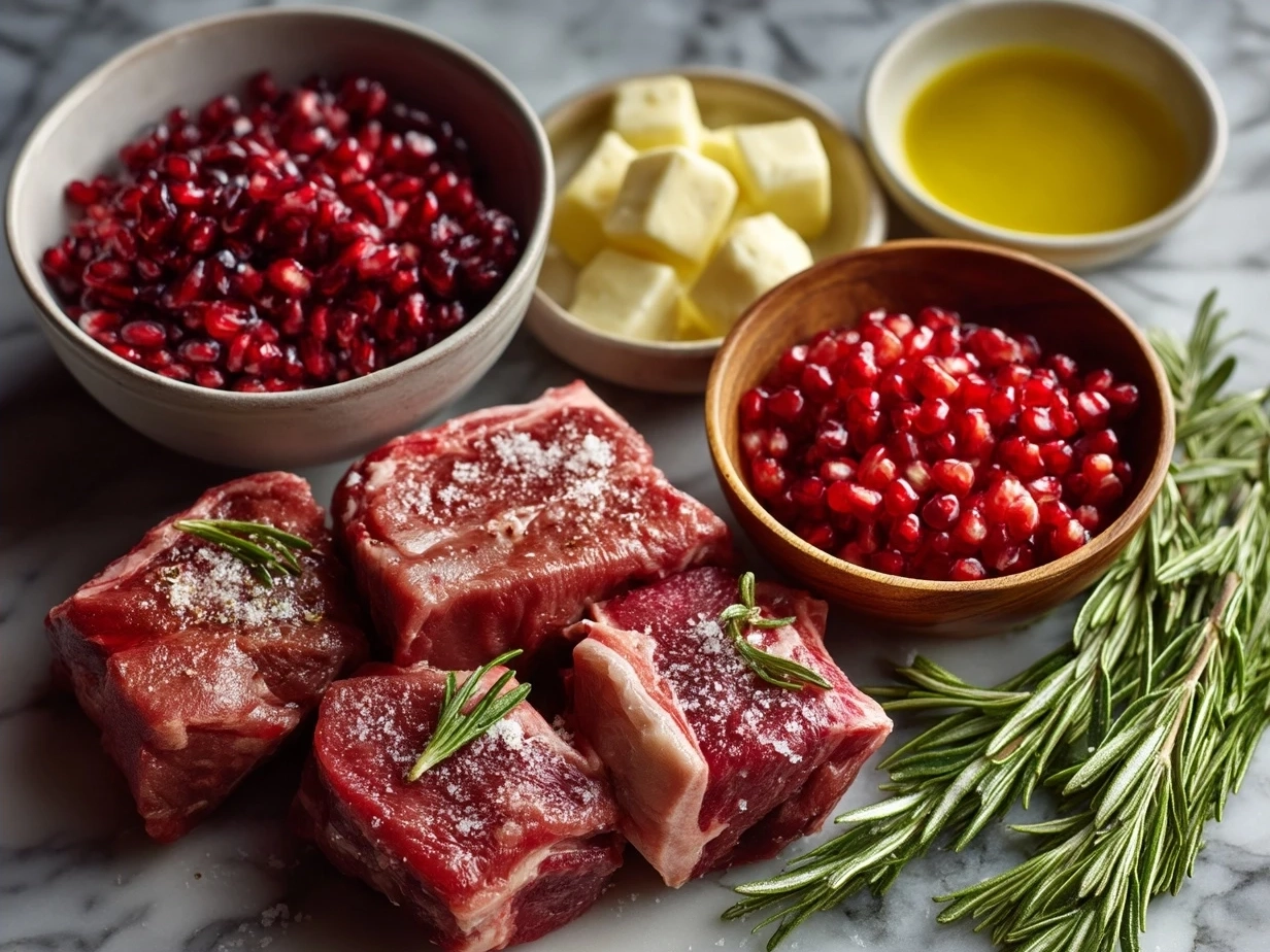 Ingredients laid out for Pomegranate Glazed Lamb Chops including lamb, pomegranate molasses, honey, garlic, and rosemary
