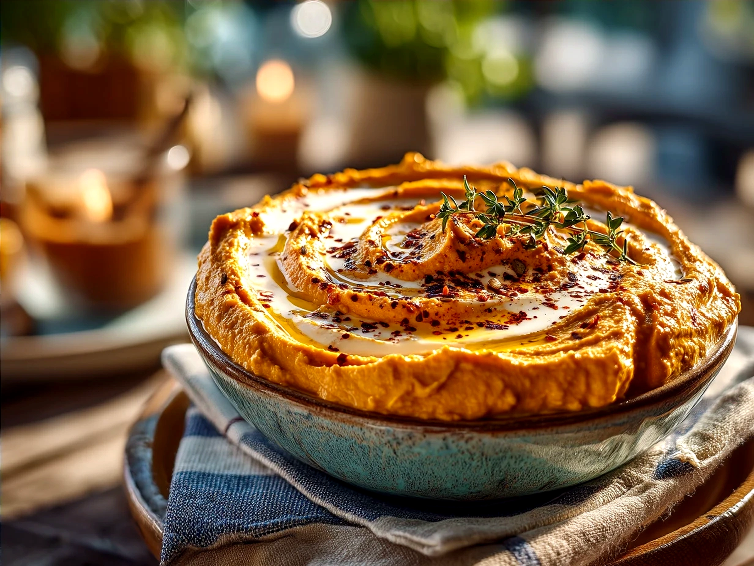 Final bowl of Pumpkin Whipped Feta Dip garnished with olive oil and herbs