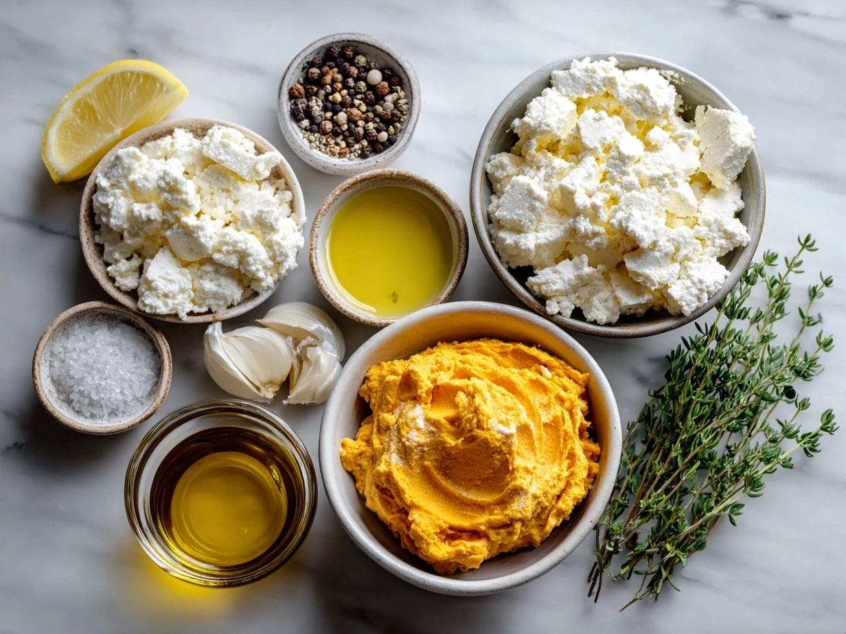 Ingredients for Pumpkin Whipped Feta Dip laid out on a kitchen counter