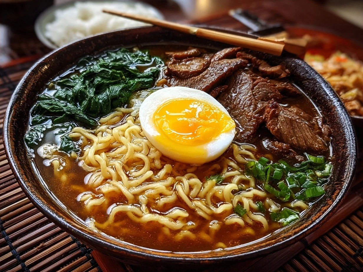 A bowl of freshly prepared ramen noodle soup with eggs, pork, green onions and broth