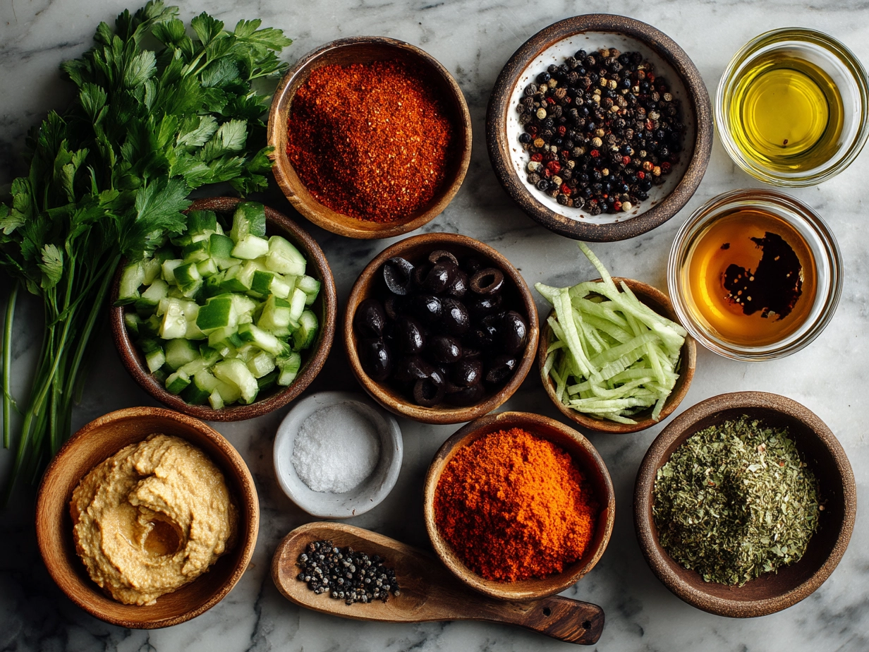 Raw ingredients for Roasted Red Pepper Hummus Wraps arranged on a countertop