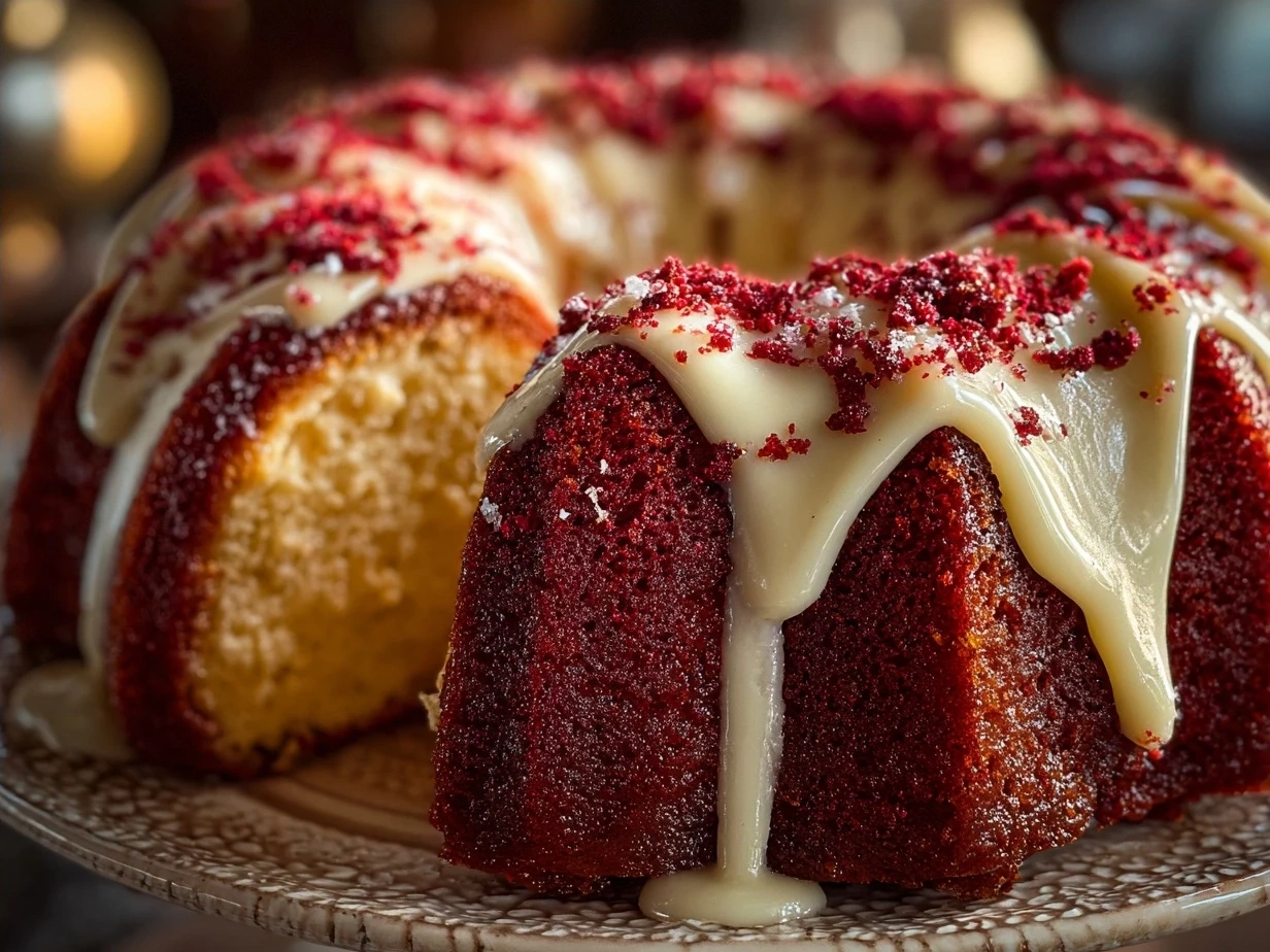 Sliced Red Velvet Cream Cheese Bundt Cake served with fresh strawberries