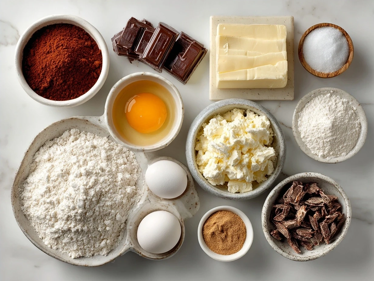 Ingredients for Red Velvet Cream Cheese Bundt Cake arranged on a kitchen counter