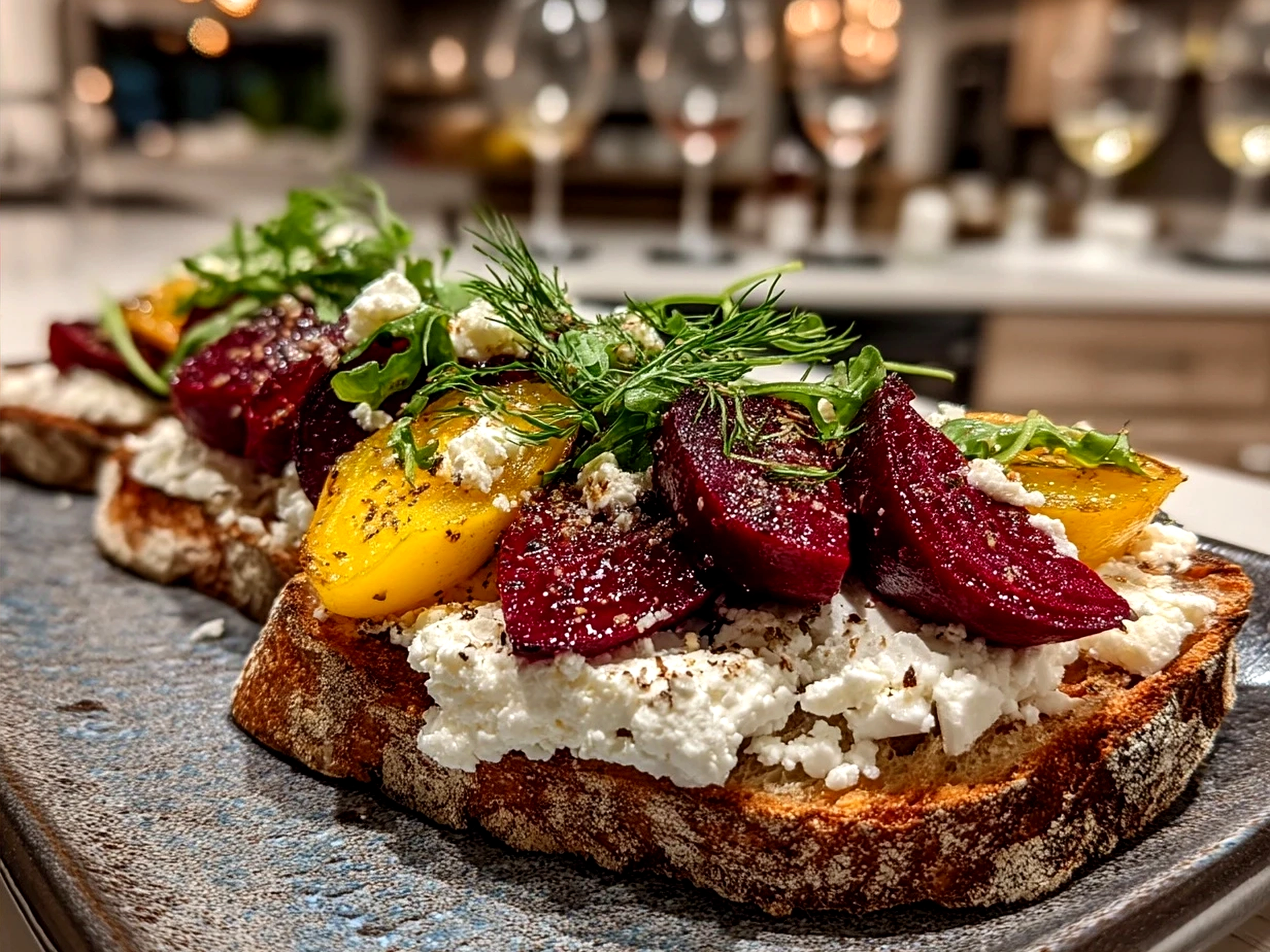 Final presentation of Roasted Beet Goat Cheese salad garnished with fresh herbs and nuts