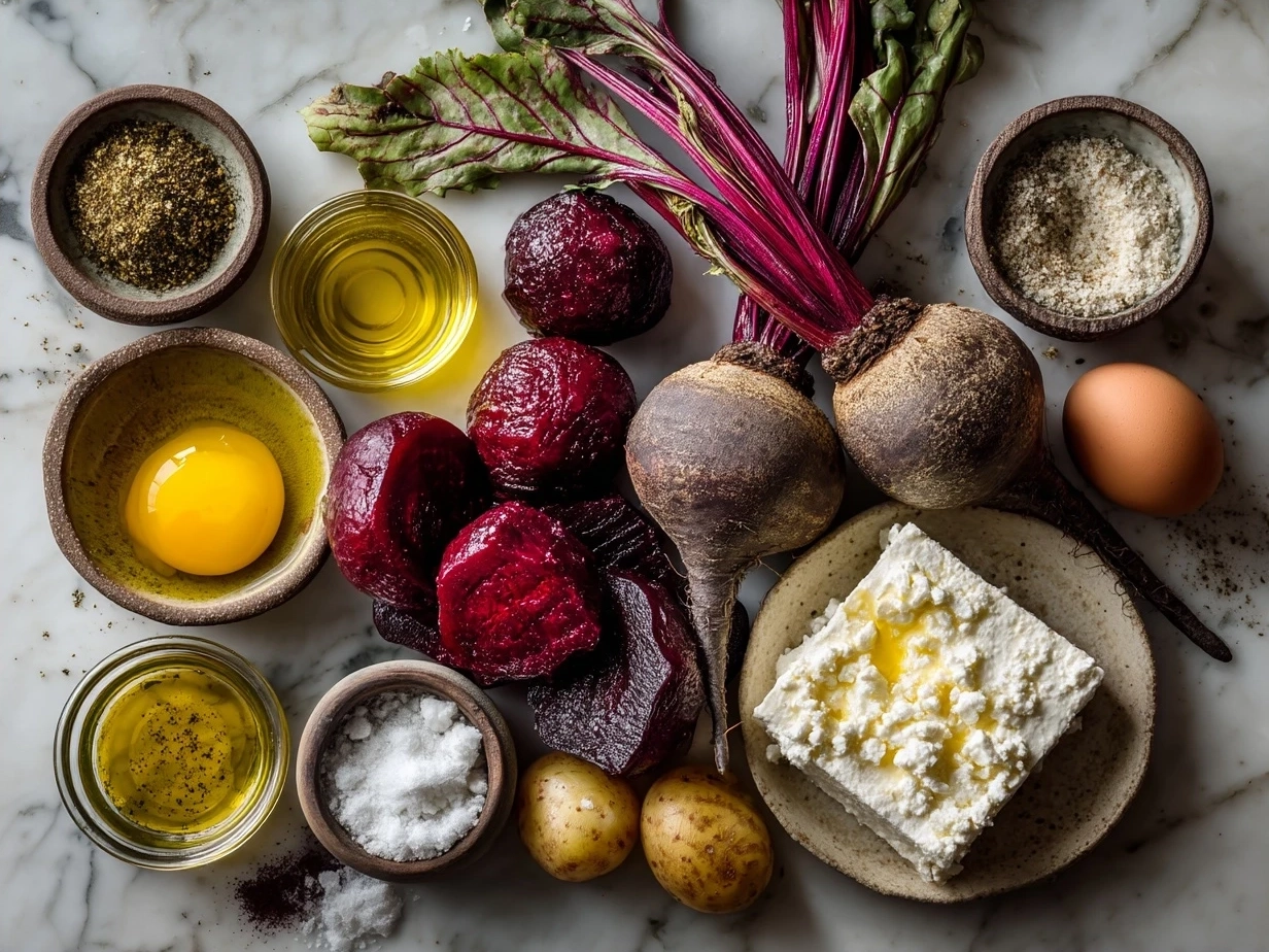 Ingredients for Roasted Beet Goat Cheese including fresh beets, goat cheese, olive oil, balsamic vinegar, honey, salt, pepper and fresh herbs