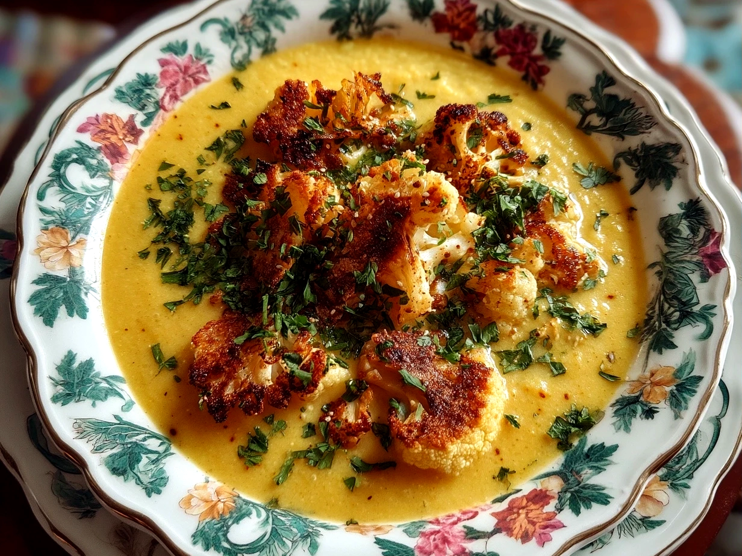 Bowl of Roasted Cauliflower Curry Soup garnished with fresh cilantro