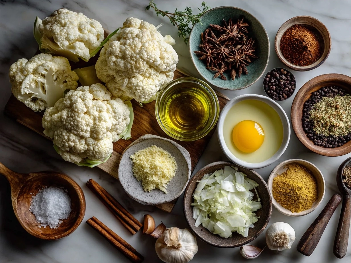 Ingredients for Roasted Cauliflower Curry Soup laid out on a kitchen counter