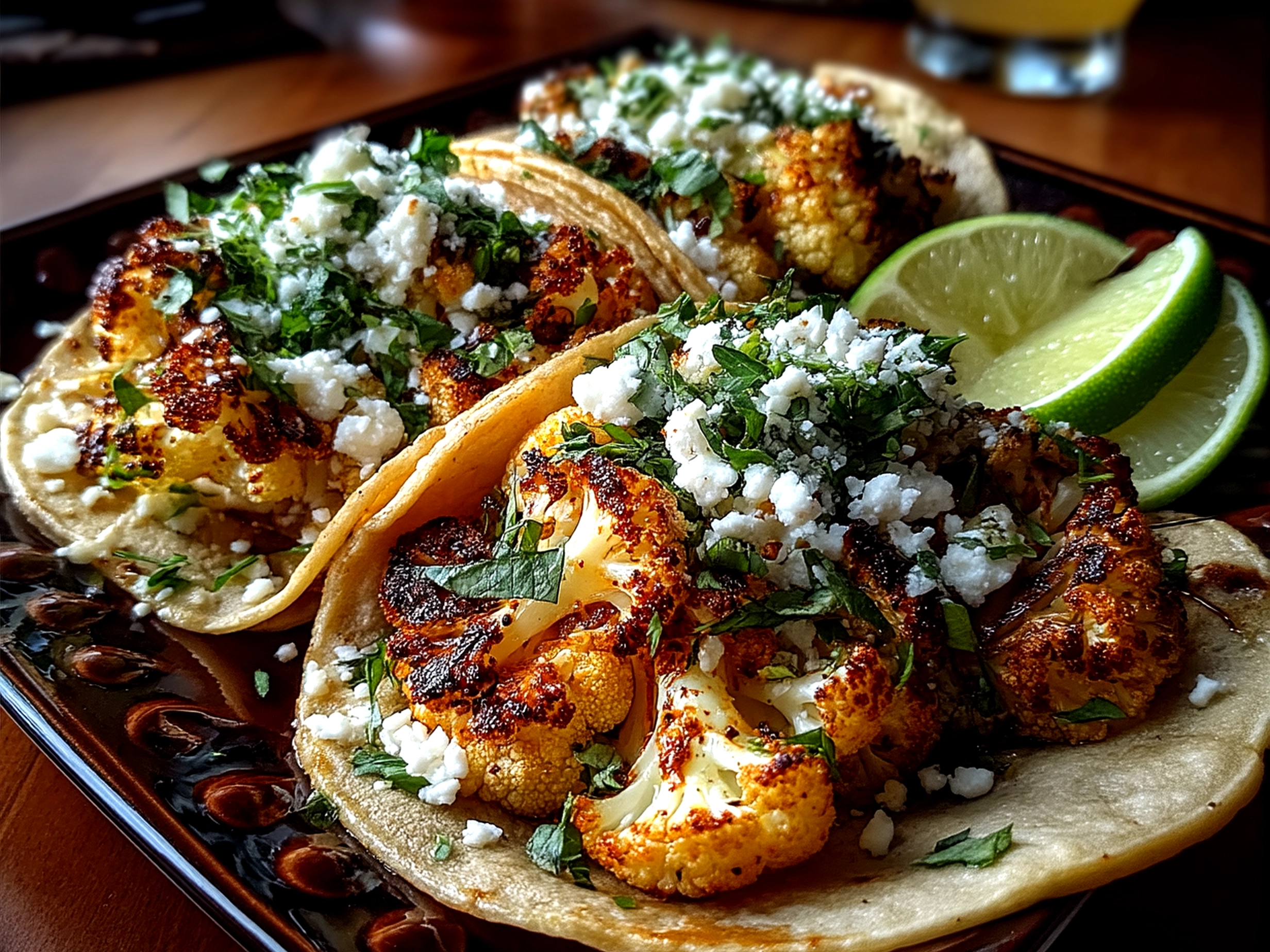 Plated roasted cauliflower tacos with garnishes ready to serve