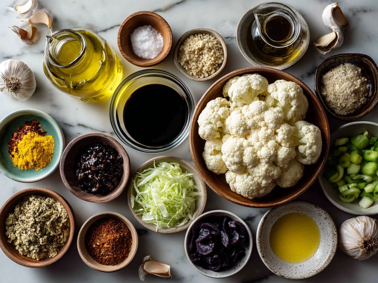 Ingredients for roasted cauliflower tacos laid out on a table