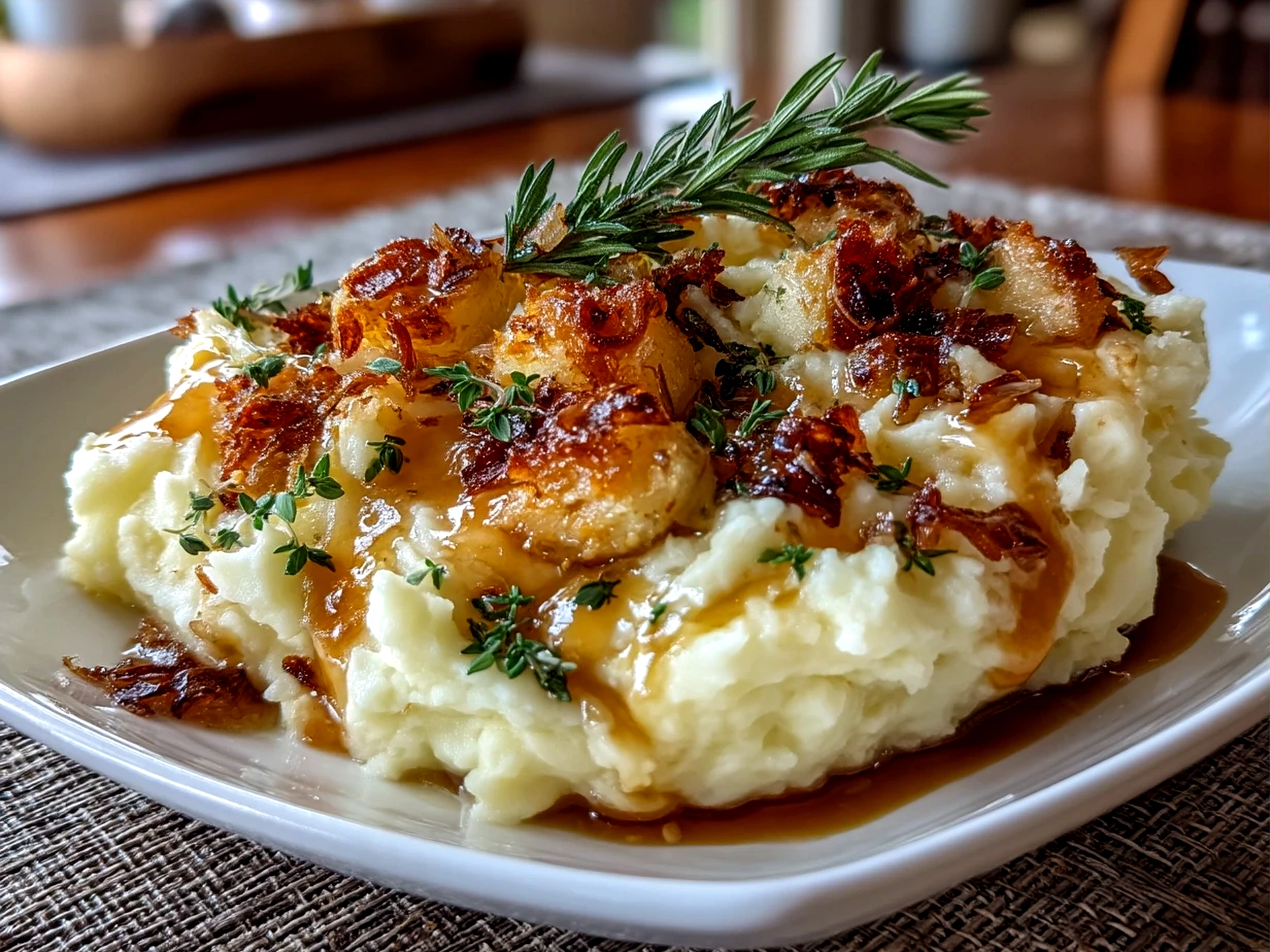 Serving of creamy Roasted Garlic Mashed Potatoes garnished with fresh herbs