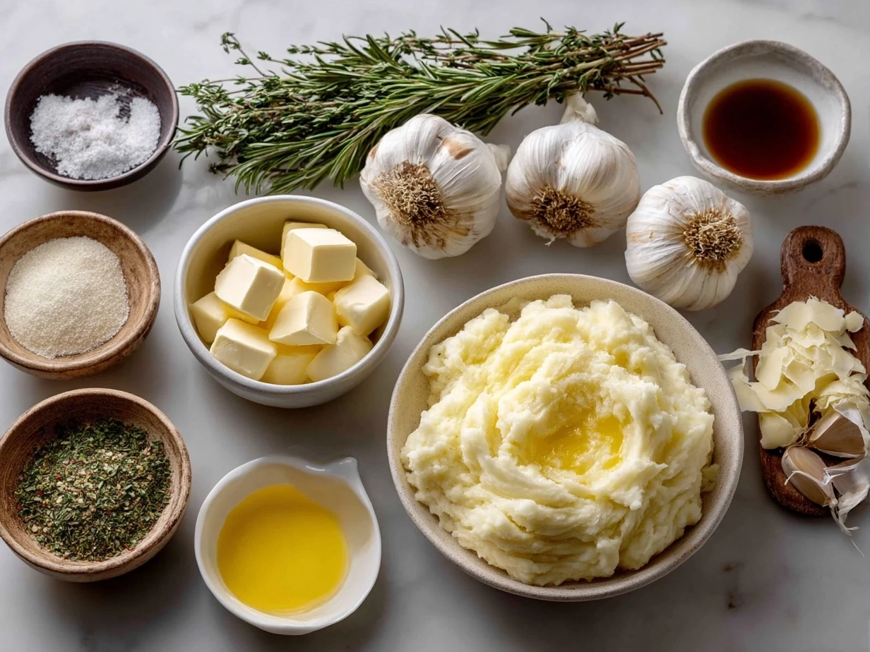 Ingredients for Roasted Garlic Mashed Potatoes showing potatoes, garlic, butter, and milk