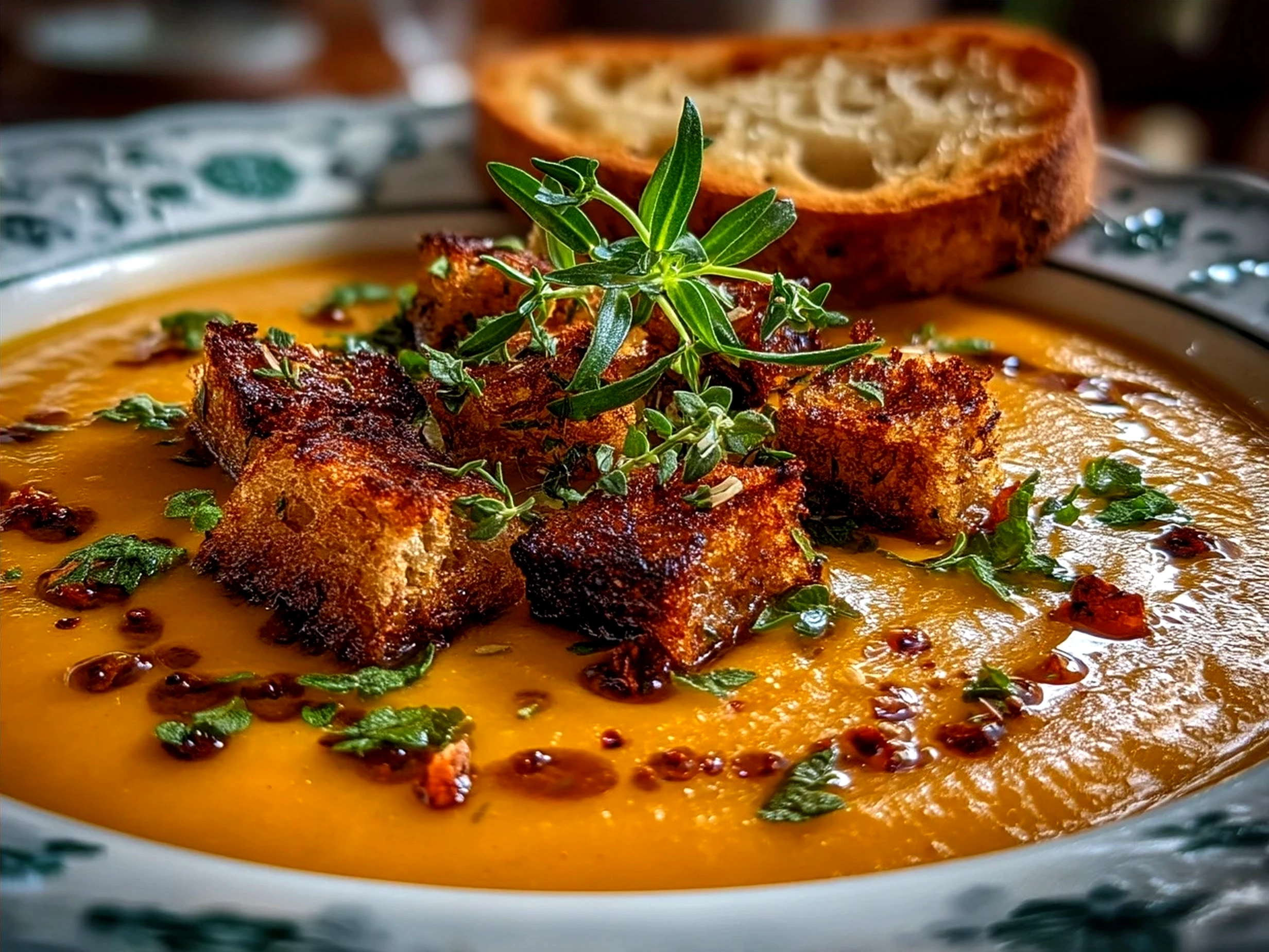 A rustic bowl of Roasted Parsnip Soup with Thyme, garnished with fresh thyme and olive oil drizzle