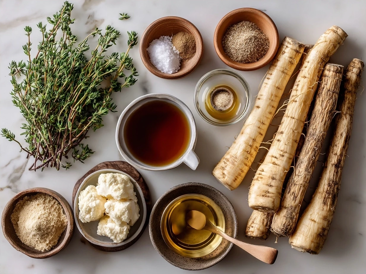 Ingredients for Roasted Parsnip Soup with Thyme laid out on a wooden surface