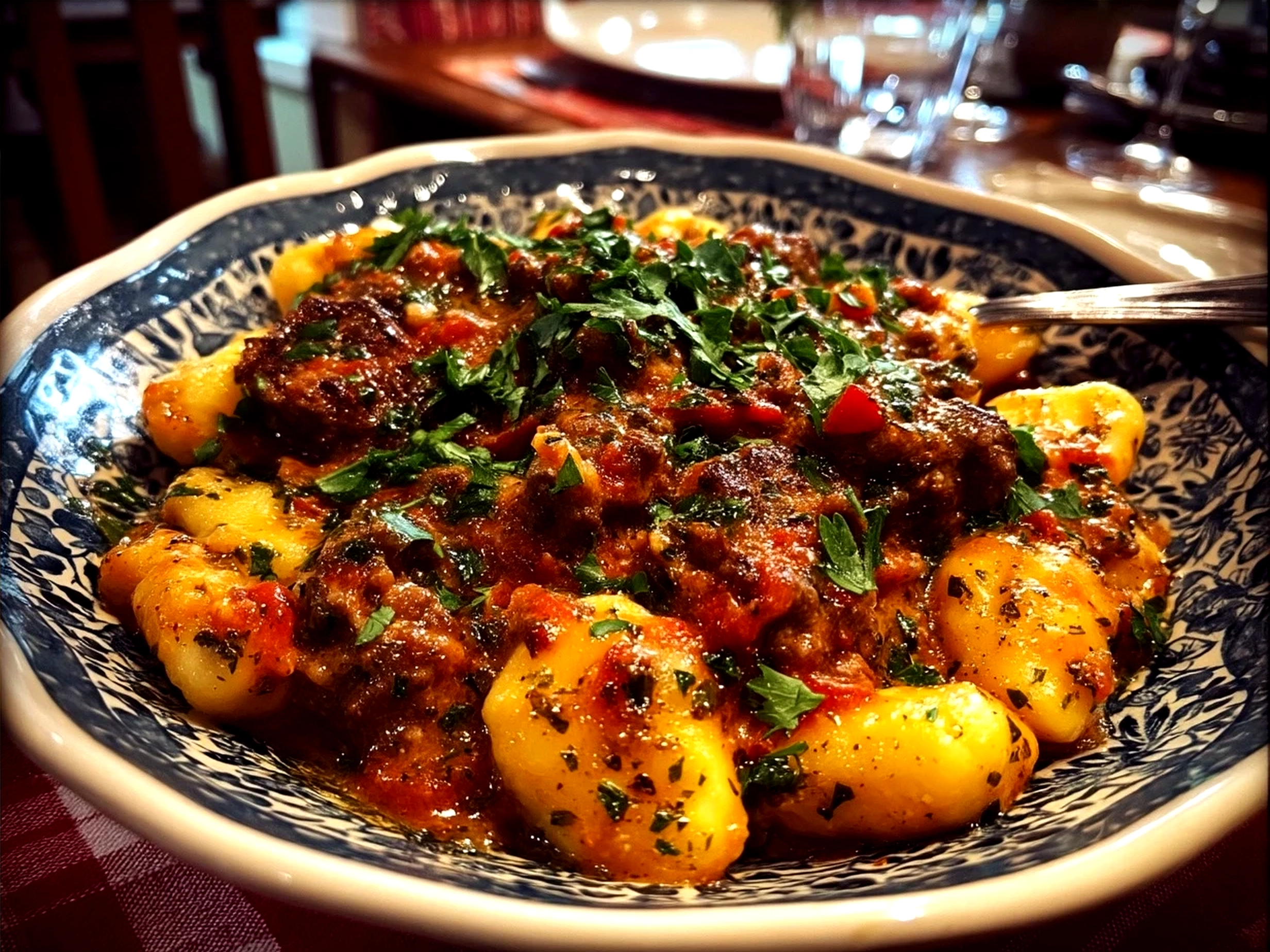 Creamy sausage gnocchi served on a plate with garnish