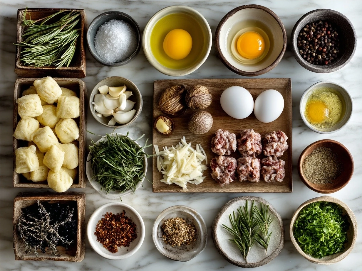 Ingredients for sausage gnocchi including flour, potatoes, sausage, cream, and Parmesan cheese