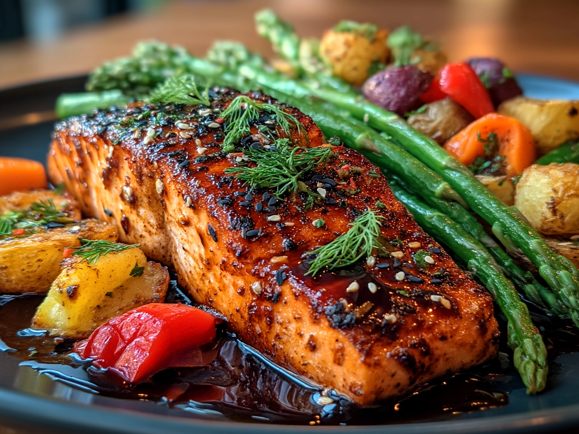 Deliciously plated Sheet Pan Teriyaki Salmon served with garnishes of sesame seeds, green onions, and lemon wedges