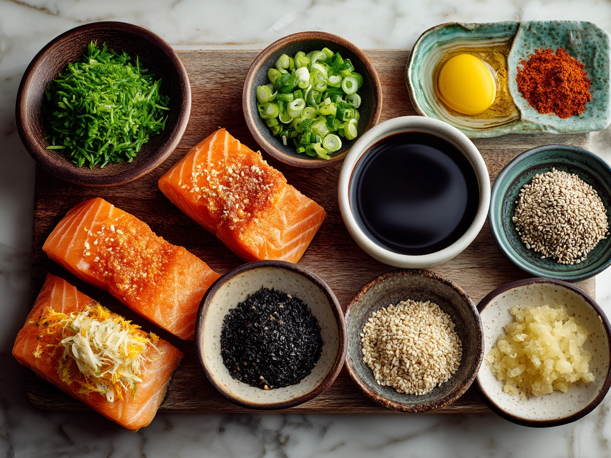 Ingredients for Sheet Pan Teriyaki Salmon including fresh salmon fillets, soy sauce, ginger, garlic, mirin, honey, and sesame oil