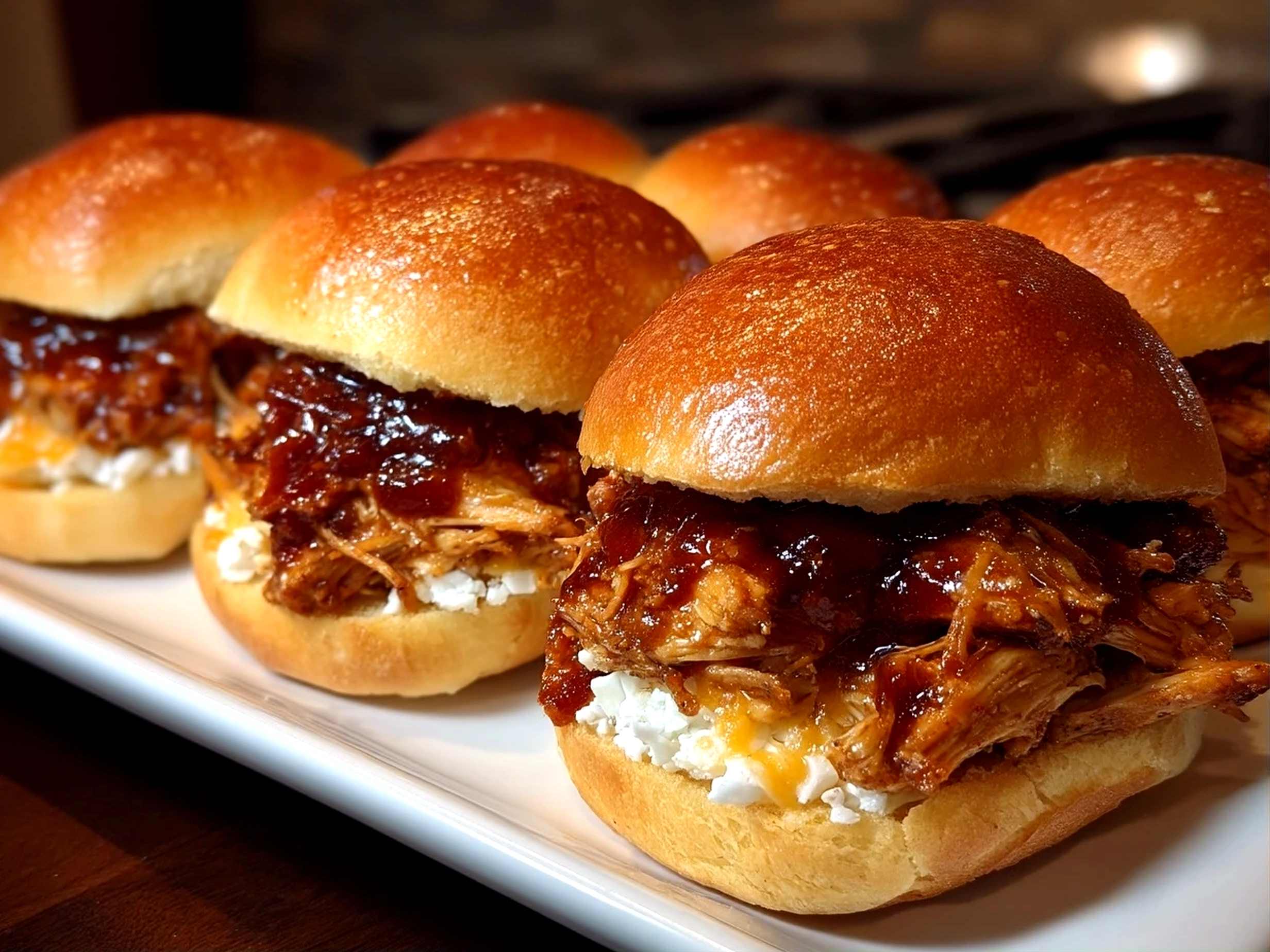 Slight angle close-up of finished beautiful BBQ Chicken Sliders