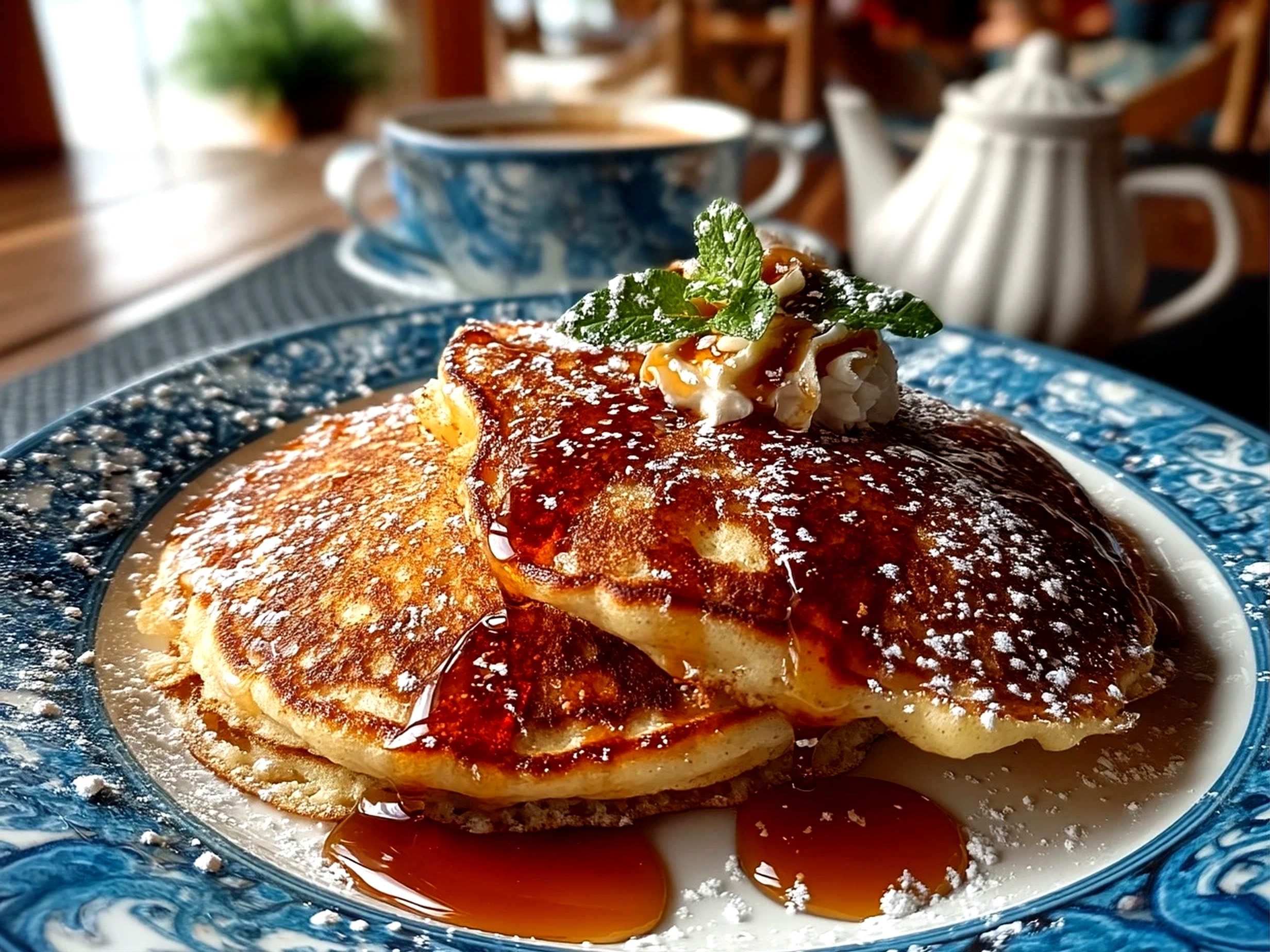 Slight angle close up of finished chai spiced pancakes stacked with syrup and spices