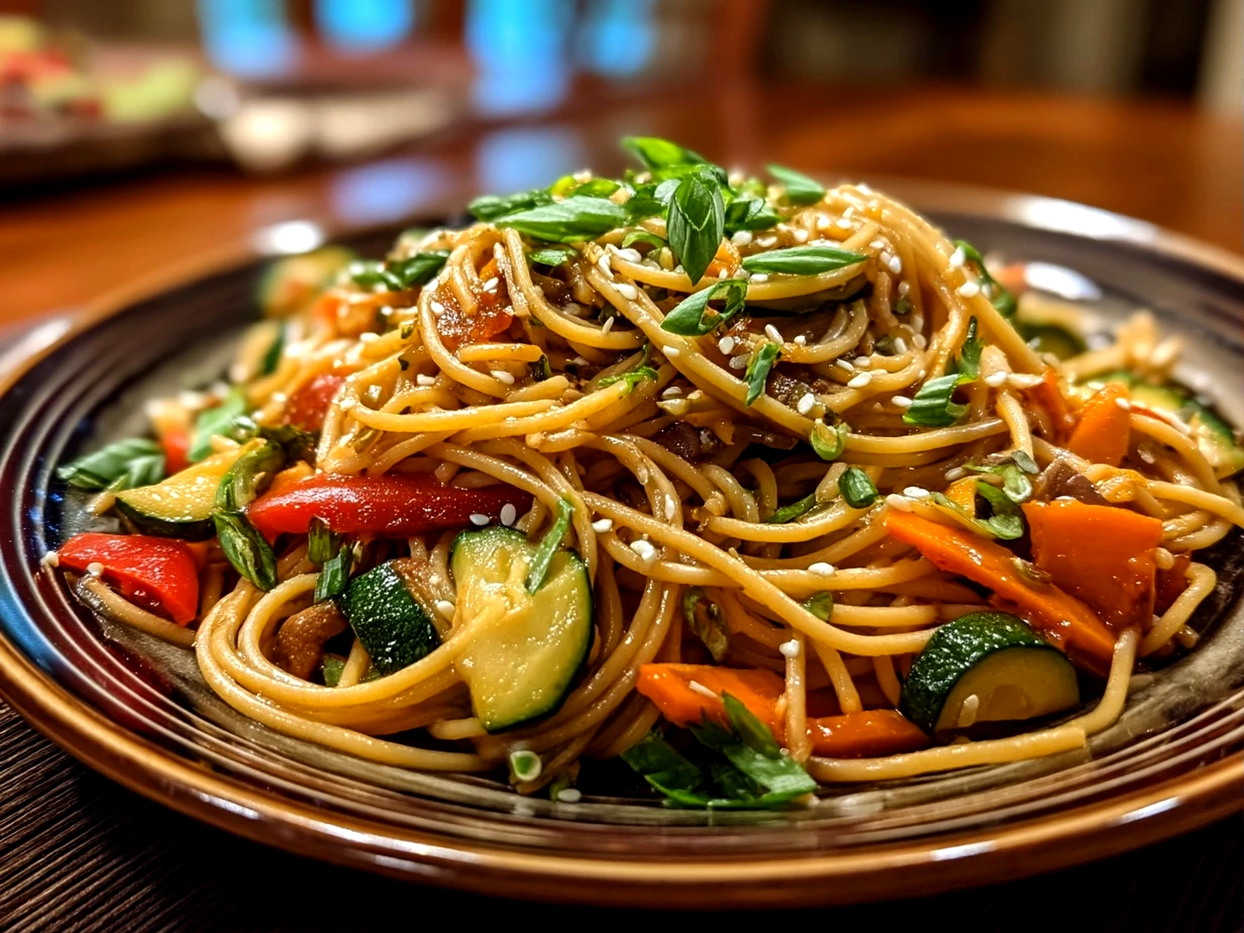 Close up of finished Cold Sesame Noodles garnished with scallions and toasted sesame seeds