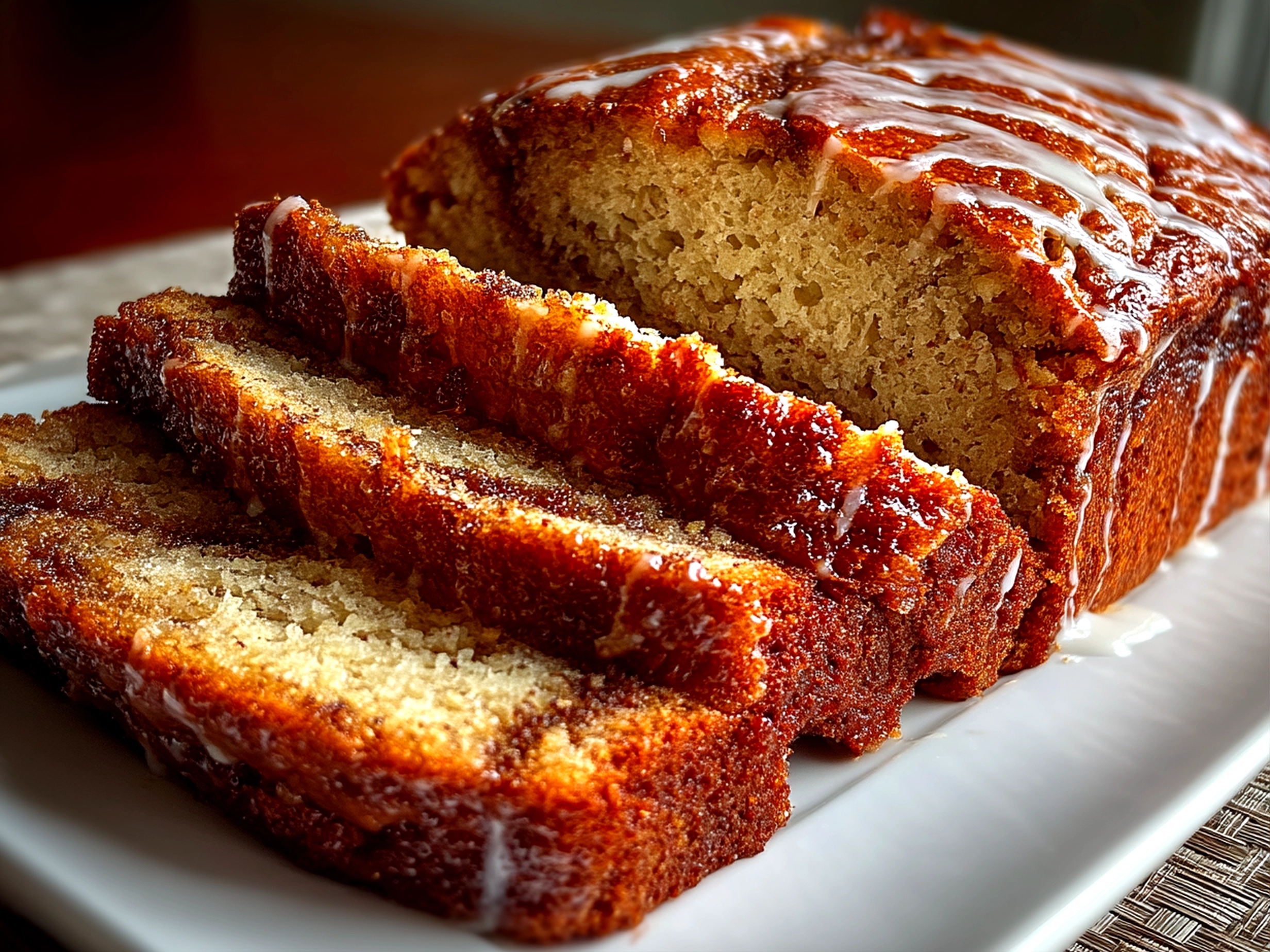 Slight angle close-up of a finished comforting cinnamon swirl banana bread loaf