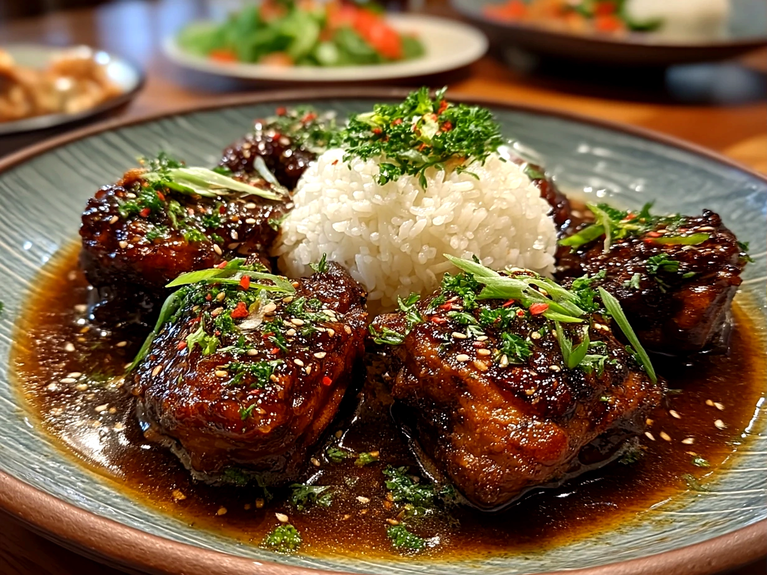 Slight angle close-up of finished comforting Sticky Honey Garlic Thighs on serving platter