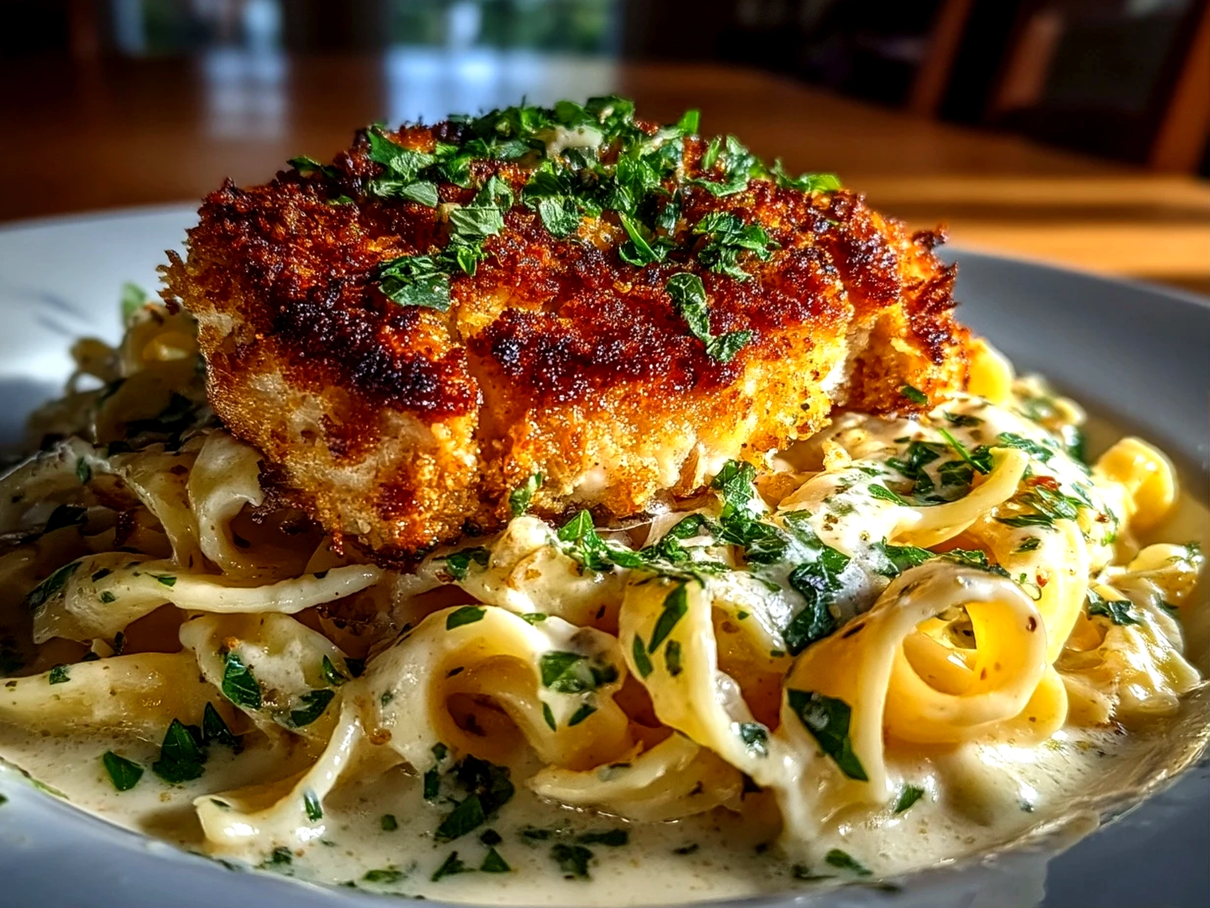 Slight angle close-up of finished crispy chicken schnitzel Alfredo on a plate
