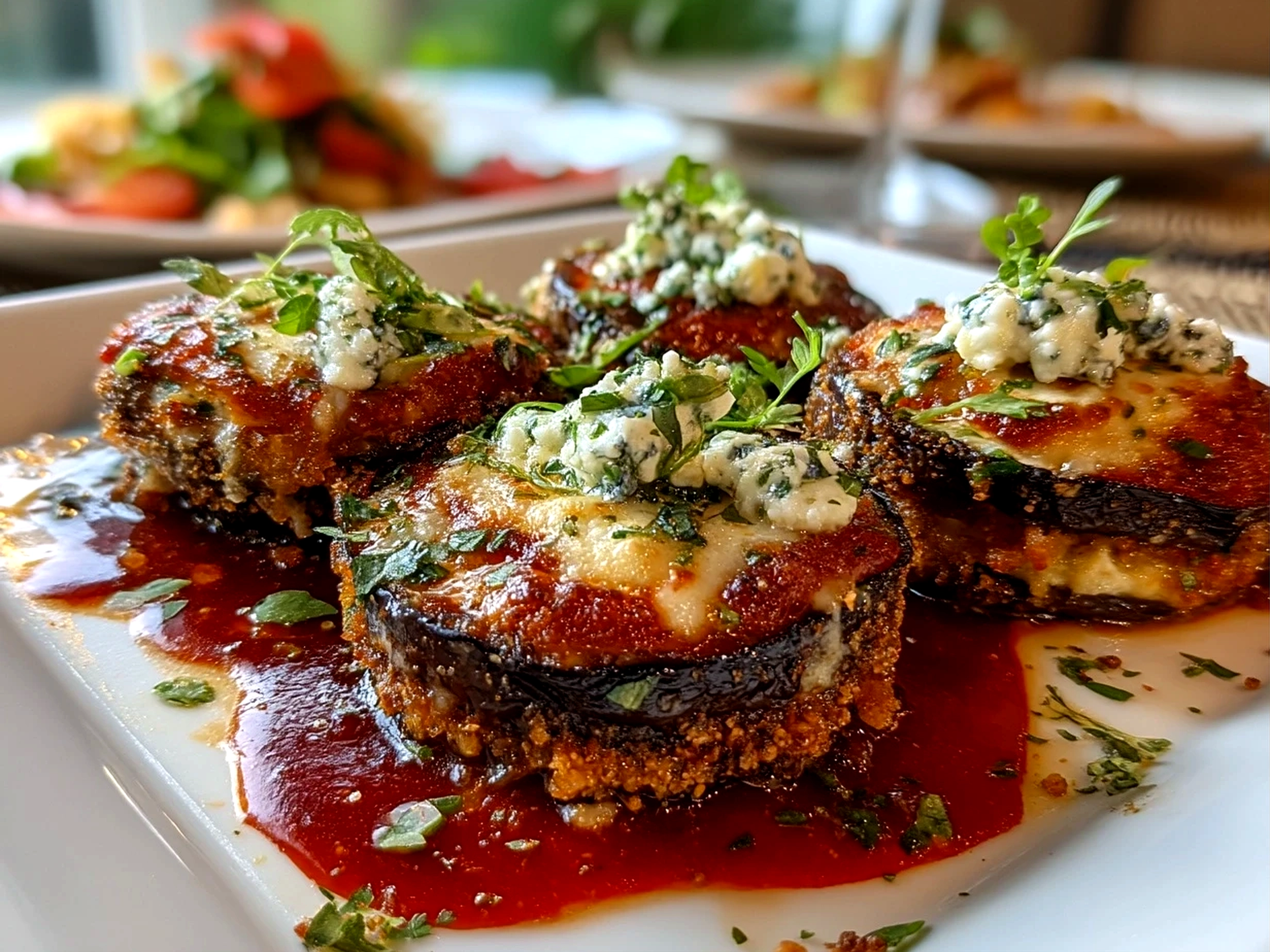 Close-up of finished Eggplant Parmesan Stacks showing melted mozzarella and golden edges.