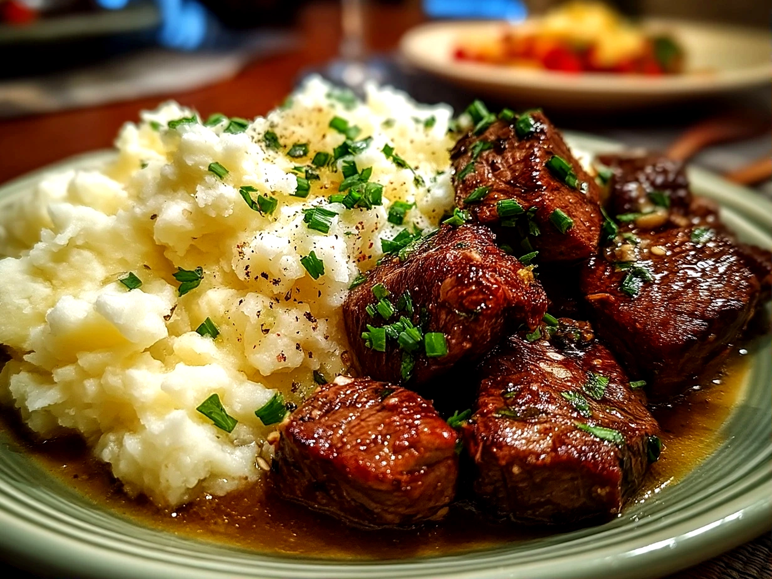 Close-up view of finished Garlic Butter Beef Bites with creamy mashed potatoes plated with garlic butter sauce