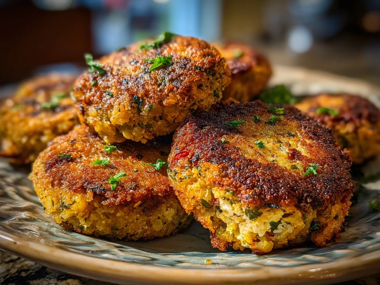 Slight angle close-up of finished lentil burgers served on a rustic plate