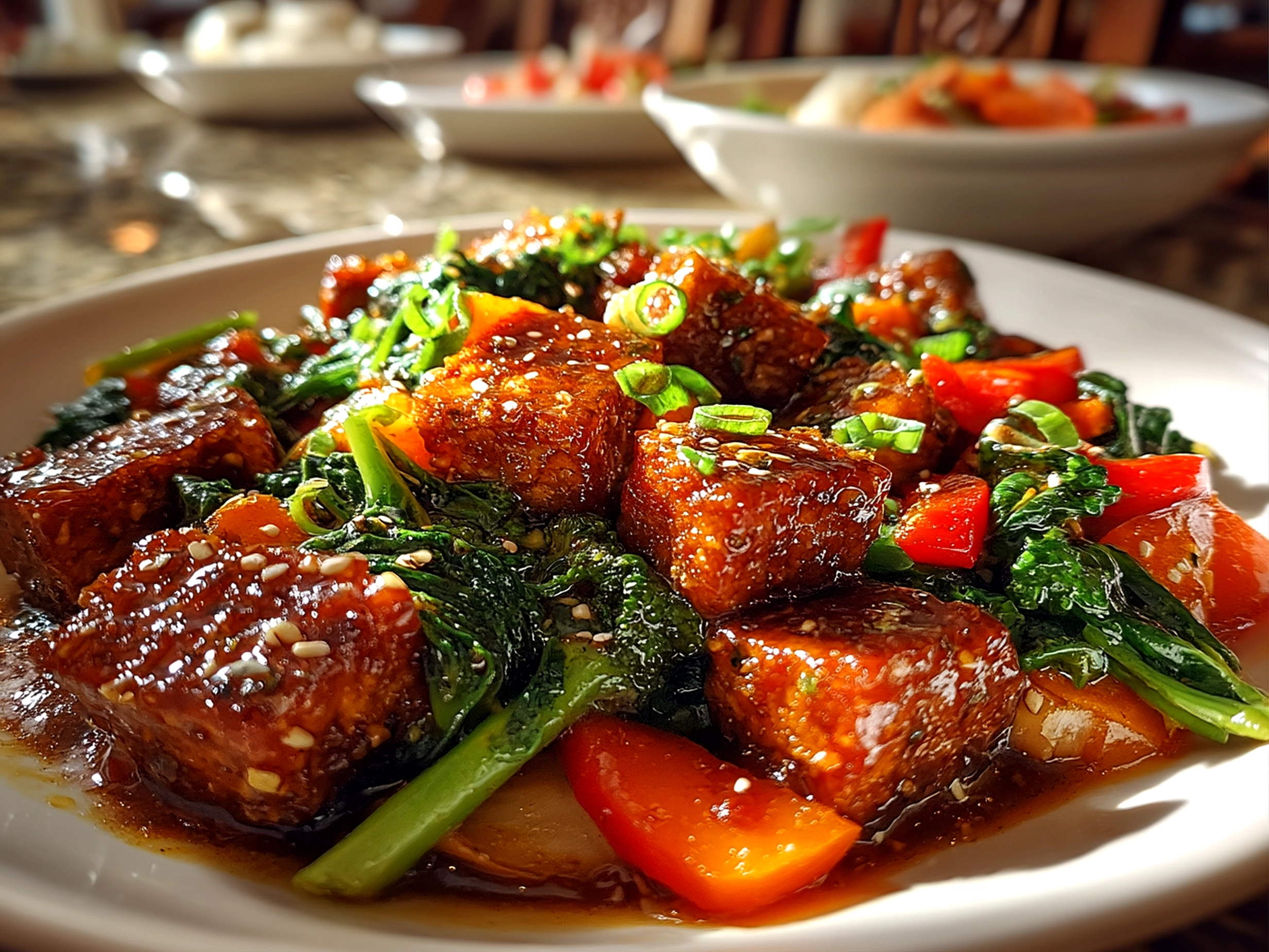 Slight angle close-up of finished Orange Glazed Tempeh Stir Fry with vegetables and sauce