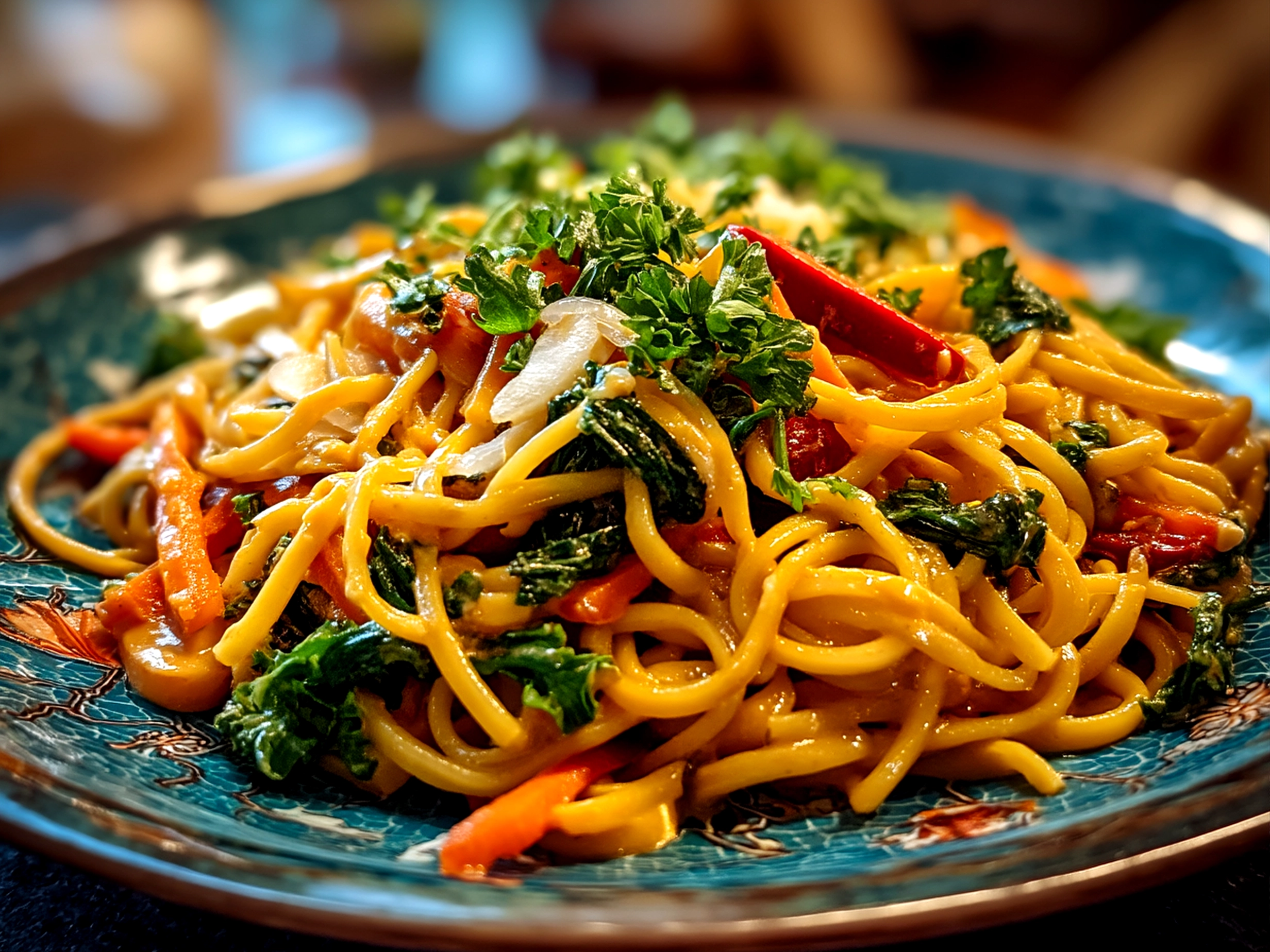 Slight angle close up of finished peanut noodles served in a shallow bowl